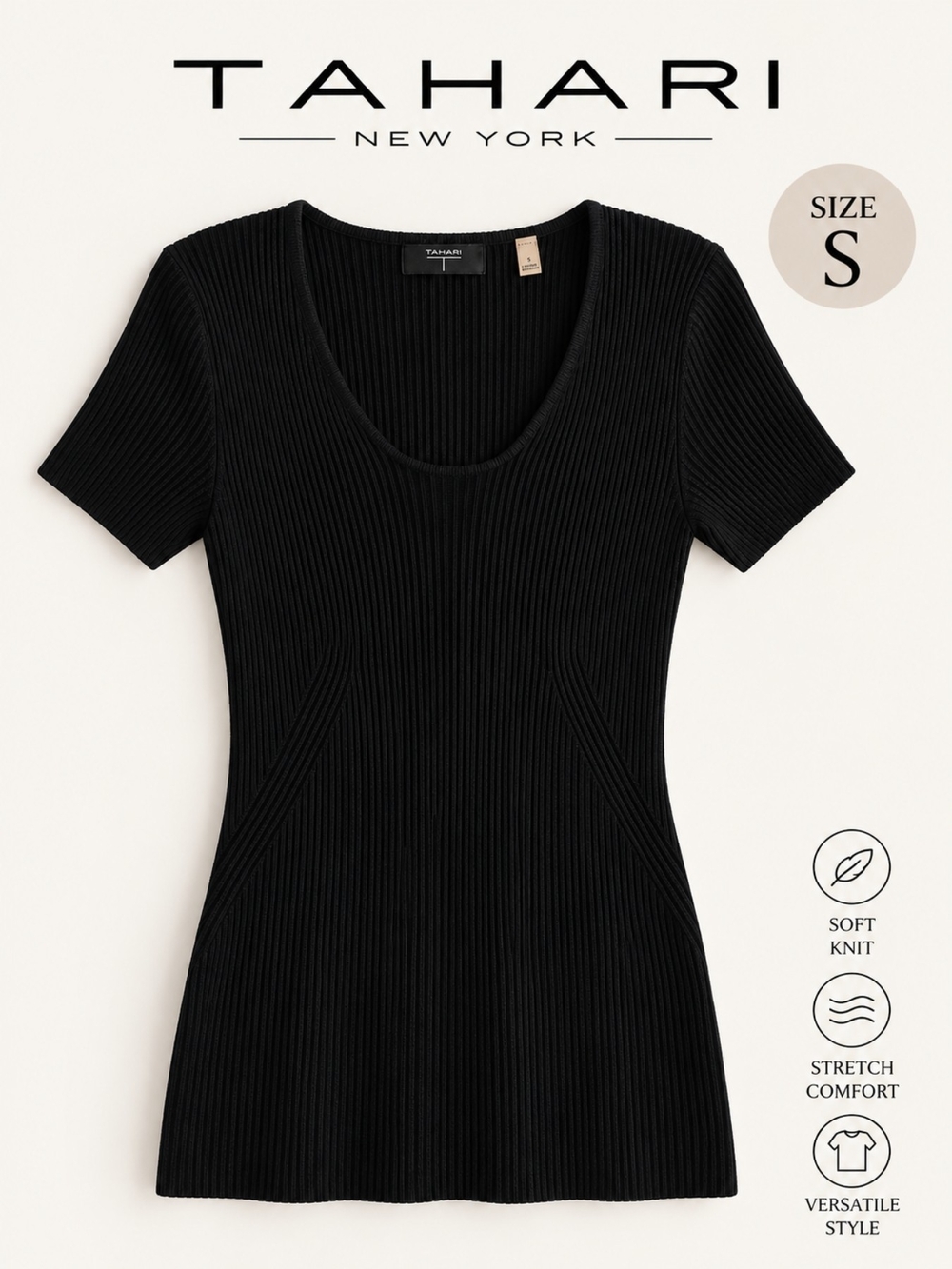 Tahari Minimalist Black Ribbed Short Sleeve Top, Size Small